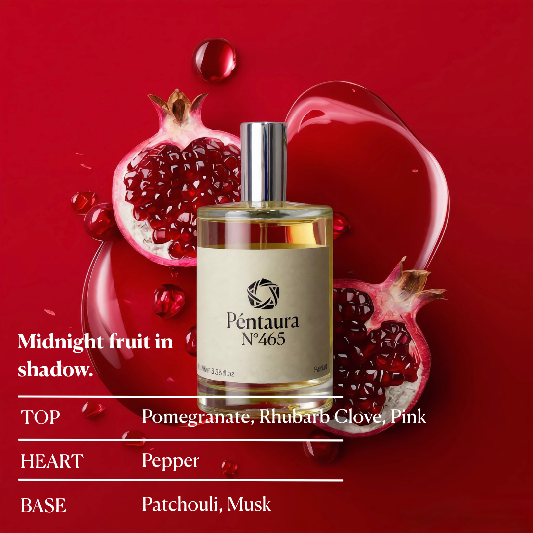 Pentaura No.465 'Midnight fruit in shadow' perfume bottle centered against a deep red background with pomegranate halves, liquid droplets, and scent notes listed on the left.