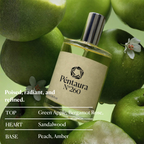 A bottle of Péntura N°260 perfume is shown among green apples with a fragrance notes chart overlaid on the left side. The bottle has a beige label and a silver cap, and the background is a soft green tone.