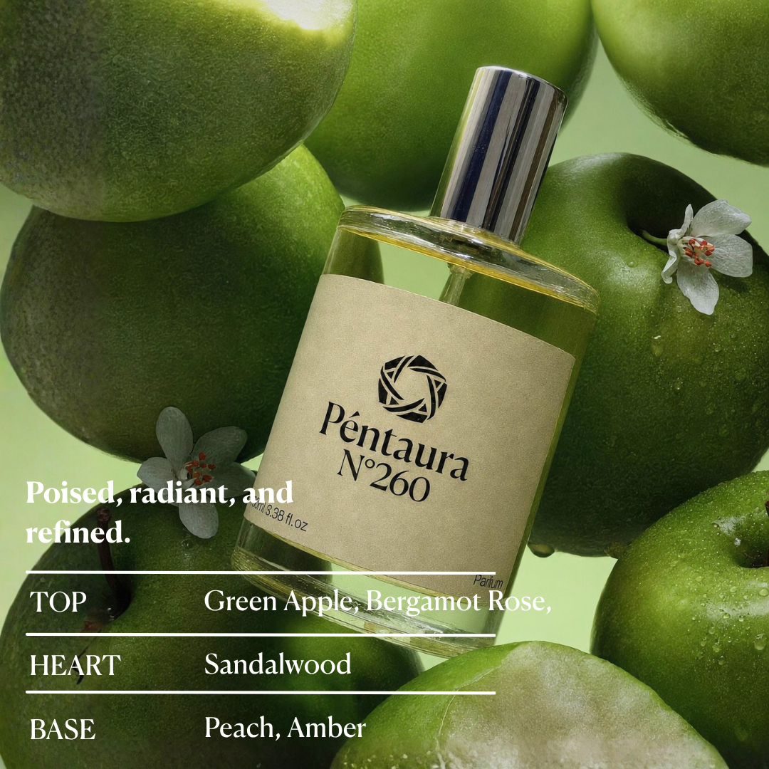 A bottle of Péntura N°260 perfume is shown among green apples with a fragrance notes chart overlaid on the left side. The bottle has a beige label and a silver cap, and the background is a soft green tone.