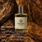 A bottle of Péntaura N°223 perfume is centered against a background of dried brown tobacco leaves. White text on the left lists the scent notes: Tobacco Leaf, Spice, Cacao, Tonka Bean, and Dried Fruits, Wood.