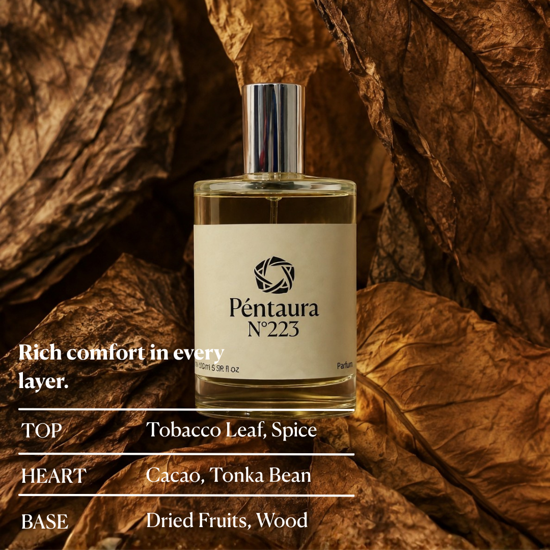 A bottle of Péntaura N°223 perfume is centered against a background of dried brown tobacco leaves. White text on the left lists the scent notes: Tobacco Leaf, Spice, Cacao, Tonka Bean, and Dried Fruits, Wood.